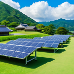 **

A vibrant solar panel array installed on a retired golf course in the Japanese countryside. Lush green fields surround the panels, showcasing the co-existence of renewable energy and nature. In the background, traditional Japanese houses nestle among rolling hills, symbolizing the integration of modern technology with local communities. A clear blue sky with fluffy clouds highlights the sun's power. Style: Realistic, bright, and inviting.

**