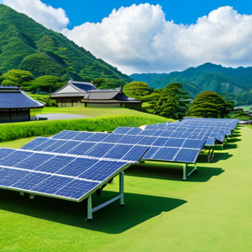 **

A vibrant solar panel array installed on a retired golf course in the Japanese countryside. Lush green fields surround the panels, showcasing the co-existence of renewable energy and nature. In the background, traditional Japanese houses nestle among rolling hills, symbolizing the integration of modern technology with local communities. A clear blue sky with fluffy clouds highlights the sun's power. Style: Realistic, bright, and inviting.

**