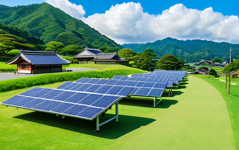 **

A vibrant solar panel array installed on a retired golf course in the Japanese countryside. Lush green fields surround the panels, showcasing the co-existence of renewable energy and nature. In the background, traditional Japanese houses nestle among rolling hills, symbolizing the integration of modern technology with local communities. A clear blue sky with fluffy clouds highlights the sun's power. Style: Realistic, bright, and inviting.

**